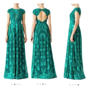 Monique Lhuillier green lace evening gown